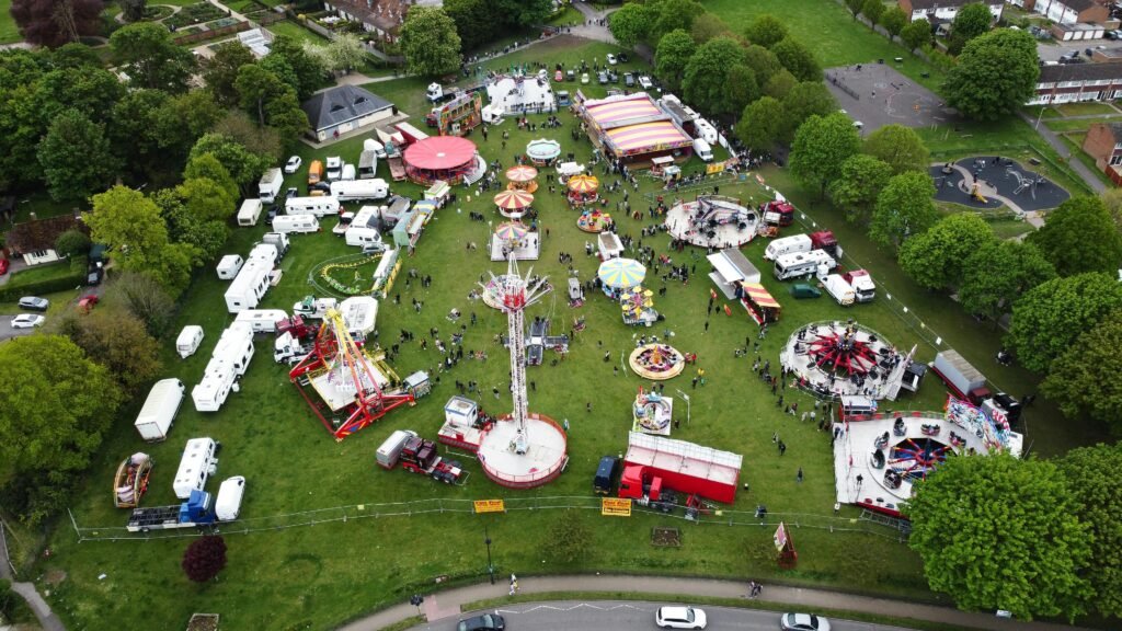 Explore the vibrant aerial view of an amusement park in Houghton Regis, England.